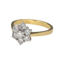Load image into Gallery viewer, Preowned 18ct Yellow and White Gold &amp; Diamond Set Flower Cluster Ring in size P with the weight 4.30 grams. There is approximately 1ct of diamond content in total with approximate clarity i1 and colour J - K

