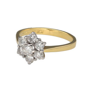 Preowned 18ct Yellow and White Gold & Diamond Set Flower Cluster Ring in size P with the weight 4.30 grams. There is approximately 1ct of diamond content in total with approximate clarity i1 and colour J - K