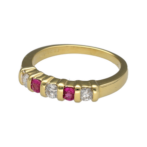 Preowned 18ct Yellow Gold Diamond & Ruby Set Band Ring in size M with the weight 4.10 grams. The ruby stones are each approximately 3mm diameter