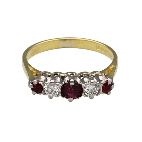 18ct Gold Diamond & Ruby Set Five Stone Band Ring