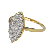 Load image into Gallery viewer, Preowned 18ct Yellow and White Gold &amp; Diamond Set Marquise Style Pave Set Cluster Ring in size W with the weight 4.90 grams. The front of the ring is 20mm high and there is approximately 42pt of diamond content set in total
