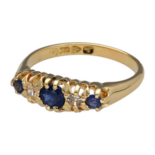 Load image into Gallery viewer, Preowned 18ct Yellow Gold Diamond &amp; Sapphire Set Chester Hallmarked Vintage Ring in size R with the weight 4.30 grams. The center sapphire stone is 5mm diameter

