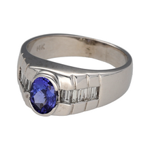 Load image into Gallery viewer, Preowned 14ct White Gold Diamond &amp; Tanzanite Set Watch Style Signet Ring in size V to W with the weight 10.50 grams. The tanzanite stone is 8mm by 6mm and is oval cut
