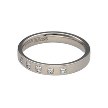 Load image into Gallery viewer, Preowned Platinum &amp; Diamond Set Band Ring in size J with the weight 4.10 grams. The band is 3mm wide and there are five princess cut diamonds set inside
