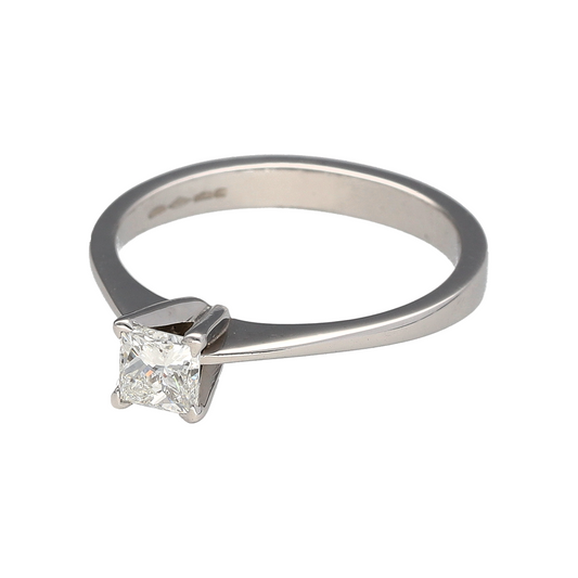 Preowned Platinum & Diamond Set Solitaire Ring in size Q to R with the weight 5.30 grams. The princess cut diamond is approximately 0.64ct with approximate clarity VS and colour J - K