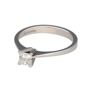 Preowned Platinum & Diamond Set Solitaire Ring in size Q to R with the weight 5.30 grams. The princess cut diamond is approximately 0.64ct with approximate clarity VS and colour J - K