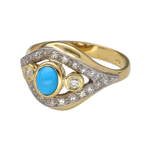 Add a bold and elegant touch to your jewellery collection with this pre-owned 18ct yellow and white gold diamond & turquoise set dress ring, featuring:

Design: A striking dress ring with a vintage-inspired setting, perfect for making a statement.
Material: Crafted from 18-carat yellow and white gold, offering a luxurious contrast and timeless appeal.
Gemstone Arrangement: Showcases a captivating 5mm by 4mm turquoise stone, accented by sparkling diamonds for added brilliance.
