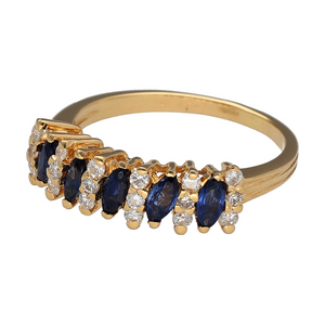Add a touch of elegance and colour to your jewellery collection with this pre-owned 18ct yellow gold diamond & sapphire set band ring, featuring:

Design: A sophisticated band ring with an alternating gemstone pattern, offering timeless beauty and refinement.
Material: Crafted in 18-carat yellow gold, providing a rich and luxurious appeal.
Gemstone Arrangement: Features alternating rows of three brilliant-cut diamonds and marquise-cut sapphires, creating a striking contrast.
