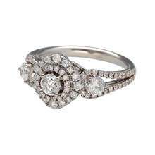 Load image into Gallery viewer, Add a touch of luxury and brilliance to your jewellery collection with this pre-owned 14ct white gold &amp; diamond set halo cluster ring, featuring:

Design: A stunning halo cluster setting, designed to maximise sparkle and elegance.
Material: Crafted in 14-carat white gold, offering a sleek and polished finish.
Gemstone Detail: Set with approximately 1.25ct total diamond content, creating a dazzling and radiant display.
Size &amp; Weight: Designed in size N
