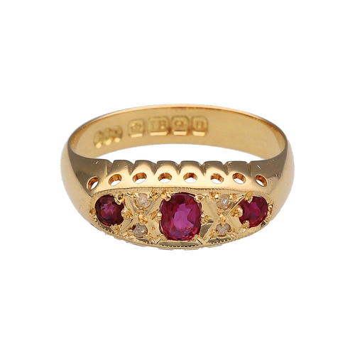 18ct Gold Diamond & Ruby Set Vintage Style Band Ring