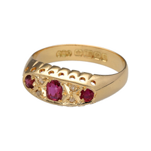 Load image into Gallery viewer, Add a touch of vintage elegance to your jewellery collection with this pre-owned 18ct yellow gold diamond &amp; ruby set vintage-style band ring, featuring:

Design: A beautifully crafted vintage-inspired band, showcasing intricate detailing and classic charm.
Material: Crafted in 18-carat yellow gold, offering a warm and luxurious appeal.
Gemstone Arrangement: Features a captivating 4mm by 3mm ruby at the center, radiating rich red brilliance.

