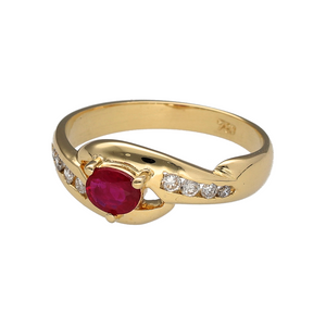Add a touch of luxury to your jewellery collection with this pre-owned 18ct yellow gold diamond and ruby set ring.

Design: A classic design featuring an oval-cut ruby, complemented by sparkling diamonds on either side for a timeless and elegant look.
Material: Made from 18-carat yellow gold, offering a rich and polished finish that enhances the beauty of the gemstones.
Gemstone Detail: The oval-cut ruby measures 4mm by 5mm, perfectly paired with the diamonds to create a striking contrast.

