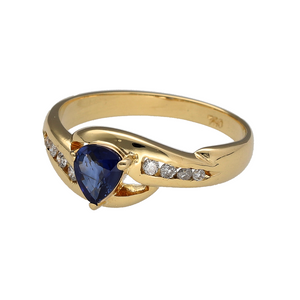 Add a touch of elegance to your jewellery collection with this pre-owned 18ct yellow gold diamond and sapphire set ring.

Design: A sophisticated design featuring a teardrop-cut sapphire, flanked by sparkling diamonds to enhance the rich colour of the stone.
Material: Made from 18-carat yellow gold, offering a warm, polished finish that complements the vibrant blue sapphire.
Gemstone Detail: The teardrop-cut sapphire measures 6mm by 5mm, perfectly accentuated by the surrounding diamonds for added brilliance