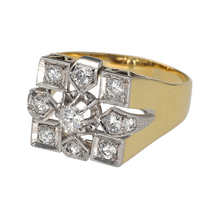 Load image into Gallery viewer, Add a bold yet elegant piece to your jewellery collection with this pre-owned 18ct yellow and white gold diamond set signet style ring.

Design: A distinctive signet style ring featuring eleven diamonds set separately, including eight brilliant-cut square set diamonds, a central diamond, and two additional diamonds set on each shoulder for added sparkle.
Material: Made from 18-carat yellow and white gold, offering a refined contrast between the two metals that complements the diamonds.

