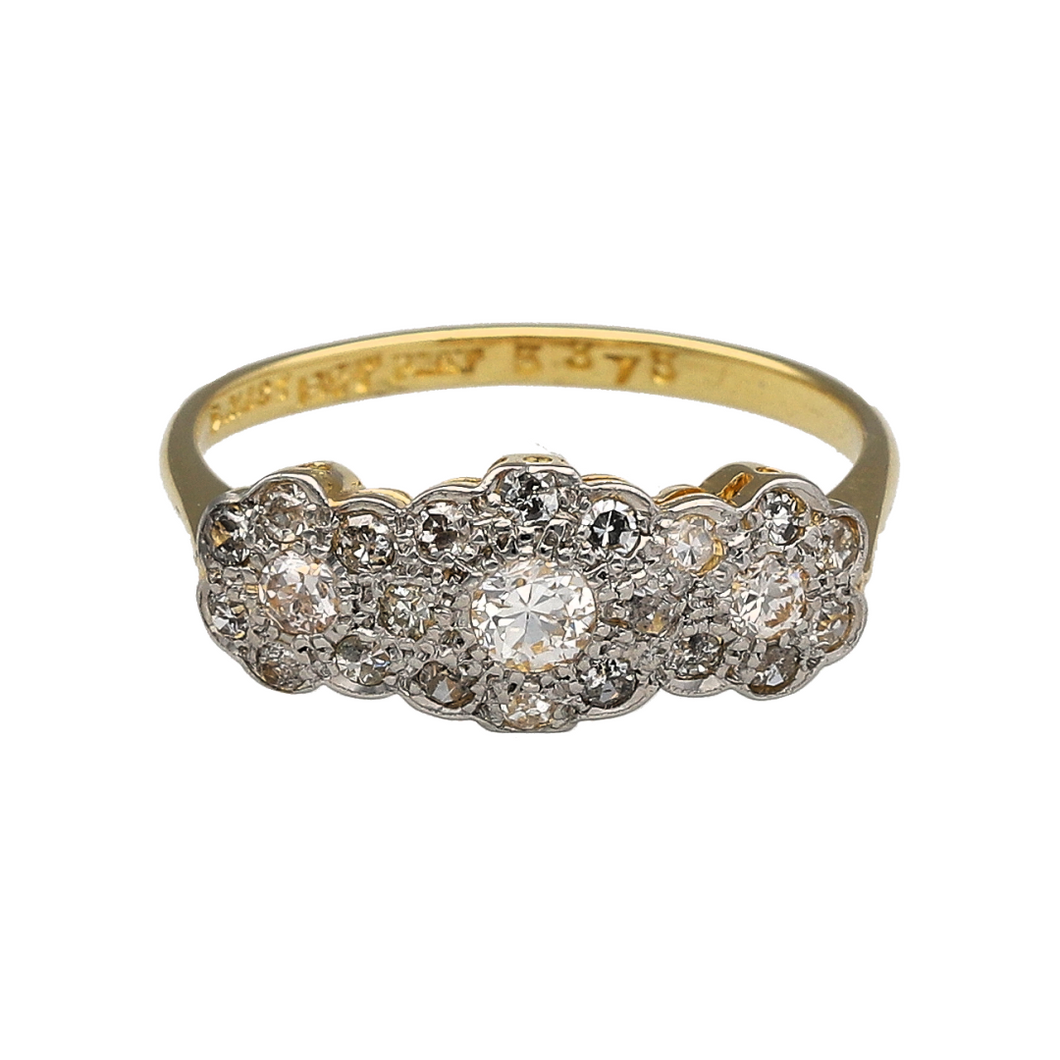 18ct Gold & Platinum Diamond Set Trilogy Flower Cluster Ring