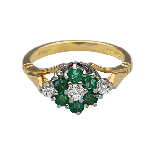 18ct Gold Diamond & Emerald Set Flower Cluster Ring