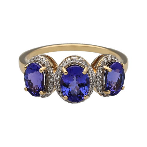 14ct Gold Diamond & Tanzanite Set Trilogy Cluster Ring