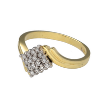 Load image into Gallery viewer, Add contemporary sparkle to your collection with this pre-owned 18ct yellow gold diamond set square offset cluster ring, featuring:

Design: A modern square-shaped cluster with an offset design, creating a striking geometric look accented by shimmering diamonds.
Material: 18-carat yellow gold, offering a luxurious polished finish that beautifully contrasts the brilliance of the diamonds.
Gemstone Detail: Set with approximately 0.16ct total of sparkling diamonds
