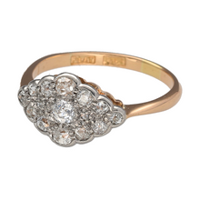Load image into Gallery viewer, Embrace vintage elegance with this pre-owned 18ct yellow gold and platinum diamond set Art Deco style cluster ring, offering bold geometry and timeless sparkle inspired by a bygone era, featuring:

Design: A striking Art Deco style cluster ring with a geometric silhouette, set with sparkling diamonds in a bold yet refined arrangement, capturing the glamour and symmetry of 1920s design.
Material: The band is made from rich 18-carat yellow gold, while the platinum setting provides a bright contrast
