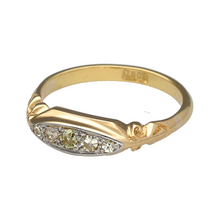 Load image into Gallery viewer, Add a touch of vintage charm and unique sparkle to your collection with this pre-owned 18ct yellow gold diamond set boat ring, featuring a distinctive design and a pop of colour, perfect for those who appreciate timeless elegance with a twist:

Design: A classic vintage boat style ring set with five brilliant cut diamonds in a sleek, tapered arrangement, featuring a central yellow diamond that adds warmth and individuality to the design.

