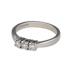 Celebrate the beauty of enduring love with this pre-owned 18ct white gold diamond set trilogy ring, symbolising the past, present, and future with timeless sparkle and graceful design, featuring:

Design: A classic trilogy style showcasing three brilliant diamonds in a balanced arrangement, representing life’s most meaningful moments.
Material: Made from 18-carat white gold, the polished finish enhances the brightness of the setting and beautifully complements the brilliance of the diamonds.