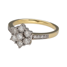 Load image into Gallery viewer, Add floral elegance and radiant sparkle to your collection with this pre-owned 9ct yellow gold diamond set daisy flower cluster ring, blending timeless charm with refined detail, featuring:

Design: A classic daisy-inspired cluster forms the centrepiece of this ring, with illusion-set diamonds creating a bright, full look. Diamond-set shoulders enhance the sparkle and complete the graceful design.
Material: Made from 9-carat yellow gold
