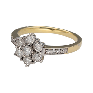 Add floral elegance and radiant sparkle to your collection with this pre-owned 9ct yellow gold diamond set daisy flower cluster ring, blending timeless charm with refined detail, featuring:

Design: A classic daisy-inspired cluster forms the centrepiece of this ring, with illusion-set diamonds creating a bright, full look. Diamond-set shoulders enhance the sparkle and complete the graceful design.
Material: Made from 9-carat yellow gold