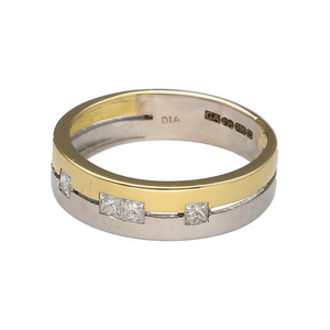 Add modern elegance and timeless contrast to your collection with this pre-owned 18ct yellow and white gold diamond set band ring, featuring clean lines and sparkling detail in a beautifully balanced design:

Design: A contemporary two-tone band split into yellow and white gold sections, accented with four princess cut diamonds—two set at the centre and one on each shoulder—for a sleek, geometric finish.
Material: Crafted from 18-carat yellow and white gold