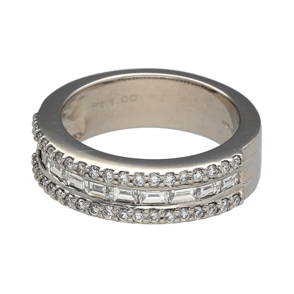 Add bold brilliance and timeless sophistication to your collection with this pre-owned platinum and diamond set three-row band ring, combining classic cuts with a striking design for a piece that truly stands out:

Design: A beautifully structured band featuring three rows of diamonds—two outer rows of brilliant-cut stones framing a central row of baguette-cut diamonds, offering a perfect balance of sparkle and elegance.