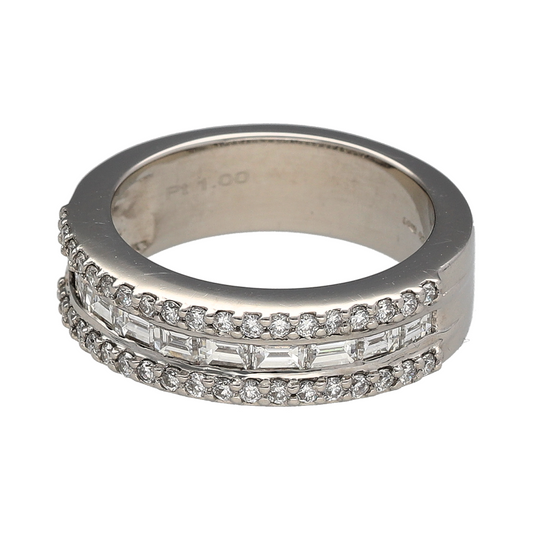 Add bold brilliance and timeless sophistication to your collection with this pre-owned platinum and diamond set three-row band ring, combining classic cuts with a striking design for a piece that truly stands out:

Design: A beautifully structured band featuring three rows of diamonds—two outer rows of brilliant-cut stones framing a central row of baguette-cut diamonds, offering a perfect balance of sparkle and elegance.