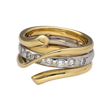 Load image into Gallery viewer, Bring bold elegance and modern luxury to your collection with this pre-owned 18ct yellow and white gold diamond set three band wrap around ring, offering sculptural design and refined sparkle—perfect for standout style or statement occasions.

Design: The ring features three interwoven bands forming a dynamic wrap-around style, with a central white gold band set with diamonds and yellow gold bands wrapping and crossing over for dramatic contrast.
