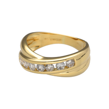 Load image into Gallery viewer, Bring modern elegance and refined sparkle to your collection with this pre-owned 18ct yellow gold diamond set crossover band ring, featuring flowing lines and timeless brilliance—perfect for everyday sophistication or special occasions.

Design: The ring showcases a graceful crossover design with diamond accents adding subtle sparkle, creating a fluid and contemporary look that wraps elegantly across the finger.

