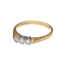 Load image into Gallery viewer, Bring symbolic elegance and timeless sparkle to your collection with this pre-owned 18ct yellow gold diamond set trilogy ring, representing past, present, and future—perfect for sentimental gifting or classic everyday wear.

Design: The ring features a traditional trilogy setting with three brilliant-cut diamonds, totalling approximately 0.25 carats, offering balanced sparkle and meaningful symbolism.

