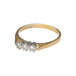 Bring symbolic elegance and timeless sparkle to your collection with this pre-owned 18ct yellow gold diamond set trilogy ring, representing past, present, and future—perfect for sentimental gifting or classic everyday wear.

Design: The ring features a traditional trilogy setting with three brilliant-cut diamonds, totalling approximately 0.25 carats, offering balanced sparkle and meaningful symbolism.
