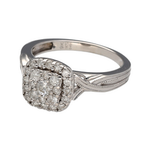 Load image into Gallery viewer, Bring radiant elegance and timeless design to your collection with this pre-owned 9ct white gold diamond set halo cluster ring, offering sparkling brilliance and graceful detail—perfect for engagements, anniversaries, or refined everyday wear.

Design: The ring features a dazzling central cluster surrounded by a halo of brilliant-cut diamonds, with additional diamonds adorning the shoulders. A crossover detail on the shoulders adds a touch of modern elegance to the classic design.

