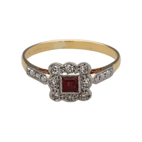 18ct Gold & Platinum Diamond & Ruby Set Vintage Style Ring