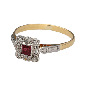 Bring vintage elegance and vibrant colour to your collection with this pre-owned 18ct yellow gold and platinum diamond and ruby set ring, featuring classic styling and fine detail—perfect for timeless sophistication or special occasion wear.

Design: The ring features a 3mm by 3mm square-cut ruby at the centre, framed by an 8mm high vintage-style setting with delicate diamond accents and platinum detailing for a refined, antique-inspired look.

