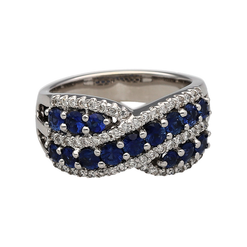 14ct White Gold Diamond & Sapphire Set Crossover Band Ring