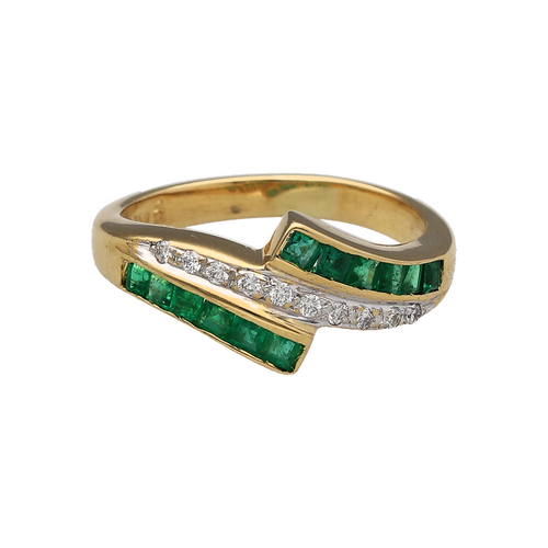 18ct Gold Diamond & Emerald Set Crossover Band Ring
