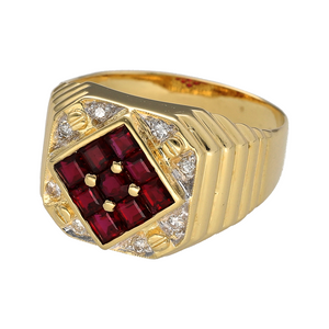 Make a bold and luxurious statement with this pre-owned 18ct yellow gold diamond and ruby signet ring—rich in colour, weight, and timeless design.

Design: The ring features a striking 14mm high front with nine square-cut rubies set in a bold grid pattern at the centre, framed by glittering diamonds for added brilliance and depth.
Material: Made from 18-carat yellow gold, the rich golden tone enhances the deep red of the rubies and the sparkle of the diamonds, creating a powerful and refined look.
