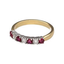 Load image into Gallery viewer, Add rich colour and refined sparkle to your jewellery collection with this pre-owned 18ct yellow gold diamond and ruby band ring—a timeless piece with elegant detail.

Design: This classic band features four round-cut rubies, each measuring 3mm in diameter, interspaced with three sparkling diamonds for a balanced and graceful look.
Material: Made from 18-carat yellow gold, the warm tone beautifully complements the vibrant red rubies and the brilliance of the diamonds.

