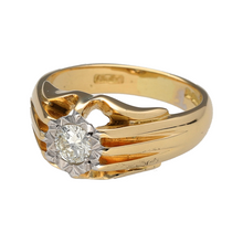 Load image into Gallery viewer, Add timeless elegance and vintage character to your collection with this pre-owned 18ct yellow gold and diamond set ring, dating from approximately 1958—perfect for lovers of classic style and heirloom charm.

Design: The ring features a central brilliant-cut diamond of approximately 0.28ct, set in white gold to enhance its brightness, with graceful vintage detailing that reflects mid-century design.

