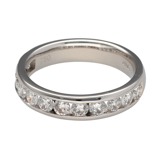 Bring radiant sparkle and modern elegance to your collection with this pre-owned 18ct white gold and diamond band ring—a refined piece with timeless brilliance.

Design: This sleek 4mm wide band is set with twelve brilliant-cut diamonds, evenly spaced for a continuous shimmer across the finger.
Material: Made from 18-carat white gold, the polished finish enhances the brightness and clarity of the stones.
Ring Detail: With an approximate total diamond content of 1.00ct, the ring delivers substantial sparkle.