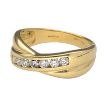 Load image into Gallery viewer, Add graceful movement and elegant sparkle to your collection with this pre-owned 18ct yellow gold diamond set crossover band ring—a sophisticated design with timeless appeal.

Design: The front of the band tapers from 4mm to 6mm wide in a flowing crossover style, set with approximately 0.33ct of brilliant-cut diamonds for a refined, shimmering effect.
Material: Made from 18-carat yellow gold, the polished finish enhances the fluid lines of the design and the brilliance of the diamond accents.

