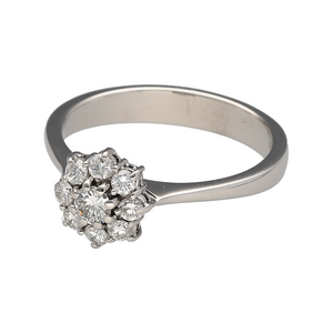 Bring sparkling elegance and floral charm to your collection with this pre-owned 18ct white gold and diamond set flower cluster ring, offering a beautiful blend of timeless sophistication and graceful detail—perfect for special occasions or adding everyday luxury.

Design: The ring features a stunning flower cluster design at the front, measuring 9mm high, set with approximately 0.38ct of diamonds in total to create a radiant, light-catching bloom.
