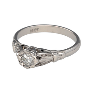 Bring timeless sparkle and vintage-inspired elegance to your collection with this pre-owned 18ct white gold and diamond set solitaire ring, offering a refined blend of classic design and romantic detail—perfect for marking life’s special moments.

Design: The ring features a brilliant cut diamond of approximately 0.20ct, showcased in an elegant solitaire setting with vintage-style detailing that adds character and sophistication.

