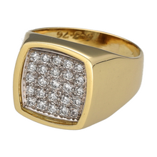 Load image into Gallery viewer, Make a bold and refined statement with this pre-owned 18ct yellow gold rectangle signet ring, finished with diamond detailing for a touch of distinguished sparkle.

Design: The front of the ring measures 15mm high and features a classic rectangular face with a diamond-set accent, blending traditional form with subtle luxury.
Material: Made from 18-carat yellow gold, the ring has a rich, polished finish that enhances its solid, weighty profile.

