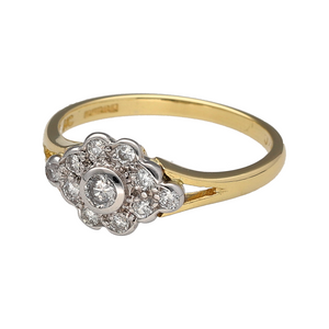 Bring classic sparkle and feminine charm to your collection with this pre-owned 18ct yellow gold diamond flower cluster ring—elegant and timeless.

Design: The front of the ring measures 8mm high and features a flower-shaped cluster of round diamonds, arranged to create a soft, radiant bloom.
Material: Made from 18-carat yellow gold, the rich tone provides a warm contrast to the bright brilliance of the diamonds.
