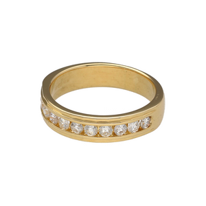 Bring refined sparkle and timeless style to your collection with this pre-owned 18ct yellow gold diamond set band ring—perfect for everyday elegance or marking a special occasion.

Design: The ring features a 4.5mm wide band with brilliant-cut diamonds set along the centre, adding a continuous line of brilliance.
Material: Made from 18-carat yellow gold, the polished finish enhances the warm tone and highlights the sparkle of the diamonds.
