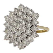Load image into Gallery viewer, Bring dazzling sparkle and statement style to your collection with this pre-owned 9ct yellow and white gold diamond illusion set cluster ring—perfect for making an impression at any occasion.

Design: The ring features a 2.9cm high front adorned with an illusion-set cluster of diamonds, creating maximum brilliance and a bold, eye-catching look.
Material: Made from 9-carat yellow and white gold, the polished finish enhances the contrast between the metals while complementing the sparkle of the diamonds.

